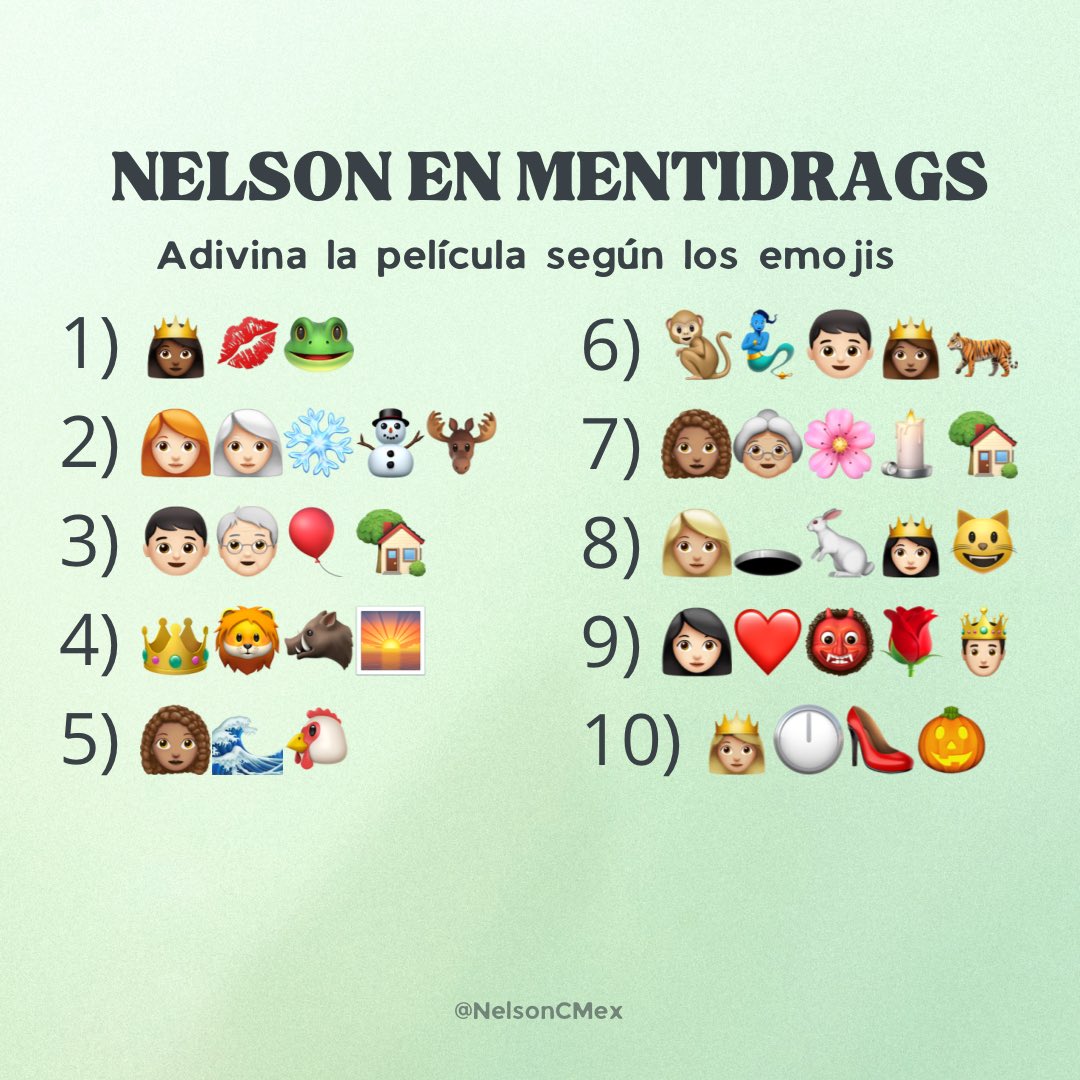 DINAMICA

Comenta la película que se esconde en los emojis, recuerda no utilizar emojis y números en tus respuestas.

NELSON EN MENTIDRAGS 
#NelsonEsDulce