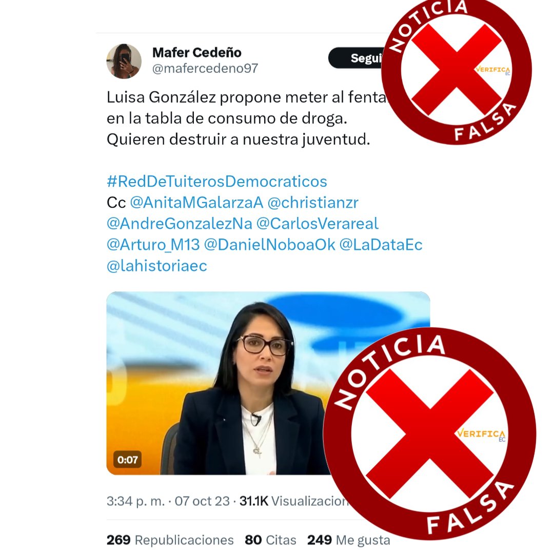 Circula un vídeo editado y con audio artificial con declaraciones falsas.
La candidata <a href="/LuisaGonzalezEc/">Luisa González</a> nunca ha mencionado o propuesto anexar el fentanilo a la tabla de umbrales mínimos.
El vídeo original en Teleamazonas.
youtu.be/MfU6P3GaFnI?si…

#verificaec
No a las mentiras.