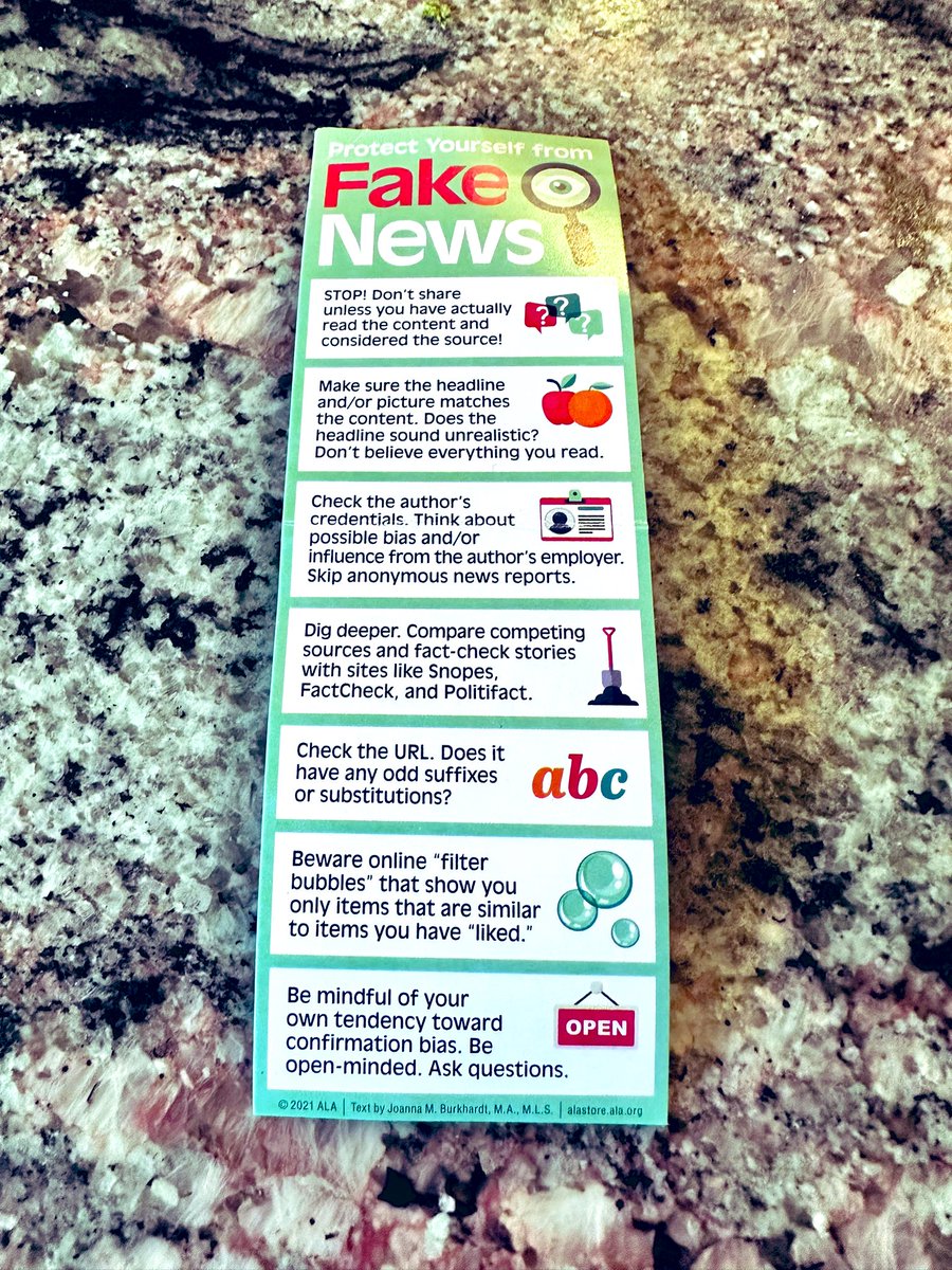 Protect yourself from #fakenews - just saw this bookmark from the school library as part of media literacy program