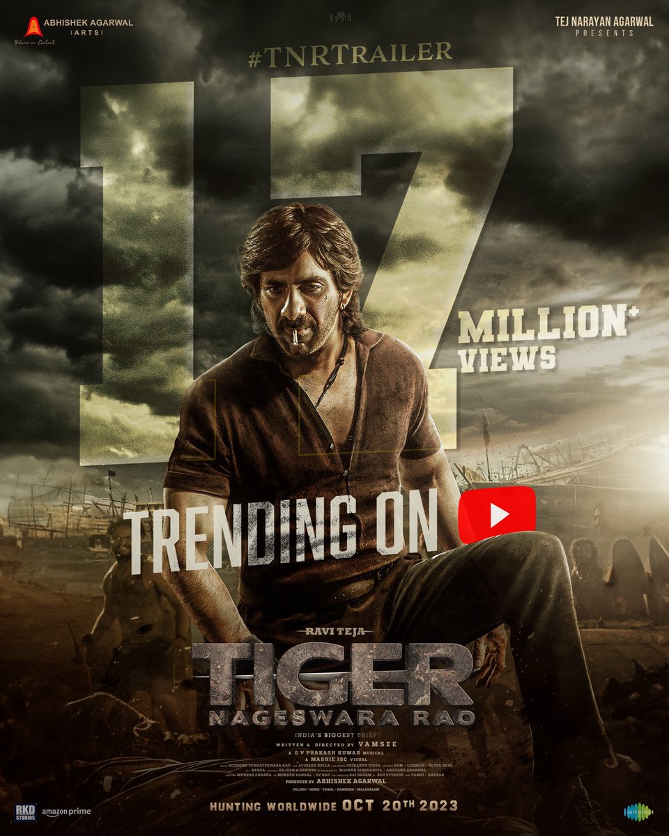 RaviTejaFansRTF's tweet photo. #TigerNageswaraRao continues his supremacy ❤️‍🔥❤️‍🔥
#TNRTrailer trending on YouTube with 17 MILLION+ VIEWS 💥💥
- https://t.co/bMQhD27KqL
Hunting worldwide from October 20th ❤️‍🔥
@RaviTeja_offl @AnupamPKher @AbhishekOfficl @AAArtsOfficial @NupurSanon @gaya3bh #RenuDesai https://t.co/a7CyVMxa12