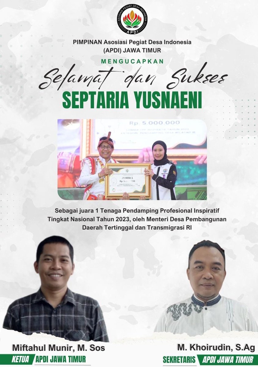 Muhimhagi1's tweet photo. PIMPINAN APDI JAWA TIMUR MENGUCAPKAN
Selamat &amp; Sukses SEPTARIA YUSNAENI
#SeptariaYusnaeniKeren
#Juara1TPPInspiratif
#JatimBangkit
@halimiskandarnu
@taufikmadjid71
@yusradaridesa 
@kemendespdtt
@Arie_Asharie https://t.co/tKshXGfqjX
