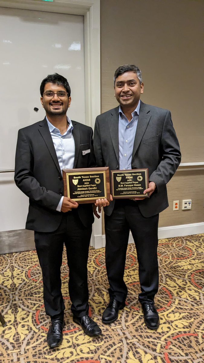 FaruqueMMHasan's tweet photo. Many thanks @AICHESTS for the best paper award! Also, Congrats Akhilesh Gandhi and Manali Zantye - what a team effort that led to this publication! 
@TAMUEngineering @TAMUEnergyInst https://t.co/PRvV6WLaOc