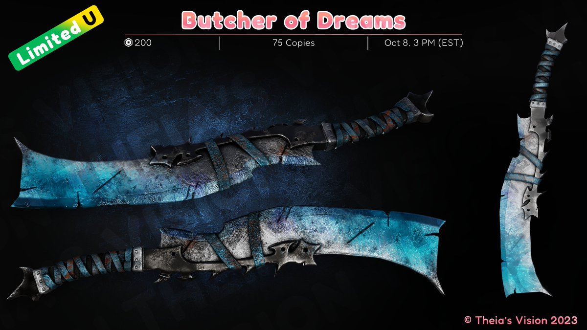 The Butcher of Dreams is releasing on Sunday at 8 PM BST! 75 stock @ R$ 200 per copy!

It'll be released here:
🔗 roblox.com/games/14881876…

#Roblox #RobloxUGC #RobloxUGCLimited #ugclimiteds
