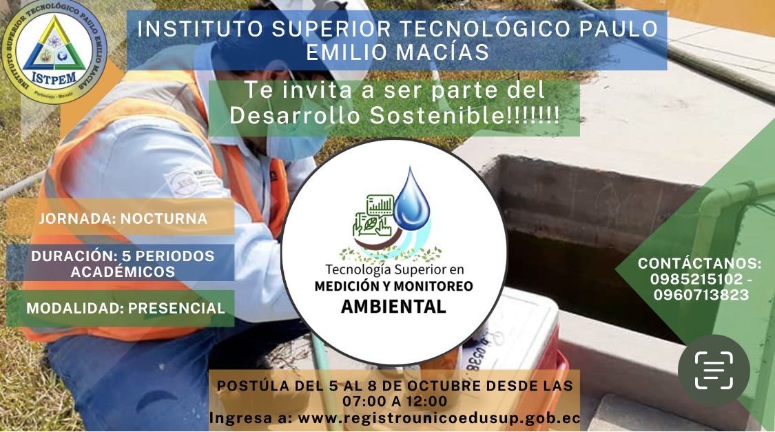 ISTPEM1's tweet photo. 📌 Pilas

👉 Ampliamos el plazo para la postulación de nuestra oferta de carreras del Instituto Superior Tecnológico Paulo Emilio Macías.

🗓️Hasta el 8 de octubre
⏰ De 07:00 a 12:00

Postula en:  
https://t.co/XNBDaePeDx

#Senescyt 
#Proyéctate 
#CrecemosJuntos https://t.co/eh4z7GtfOy