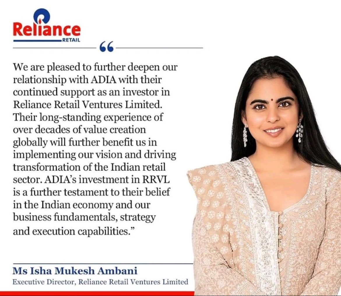 ADIAInvests in #RelianceRetail 

Top-notch legal firms & professionals are playing a pivotal role in shaping the future of corporate India! This ₹4,966.80 Cr deal between ADIA & RRVL highlights the exciting potential in the #LegalCareer.

#RelianceRetail's transformational…