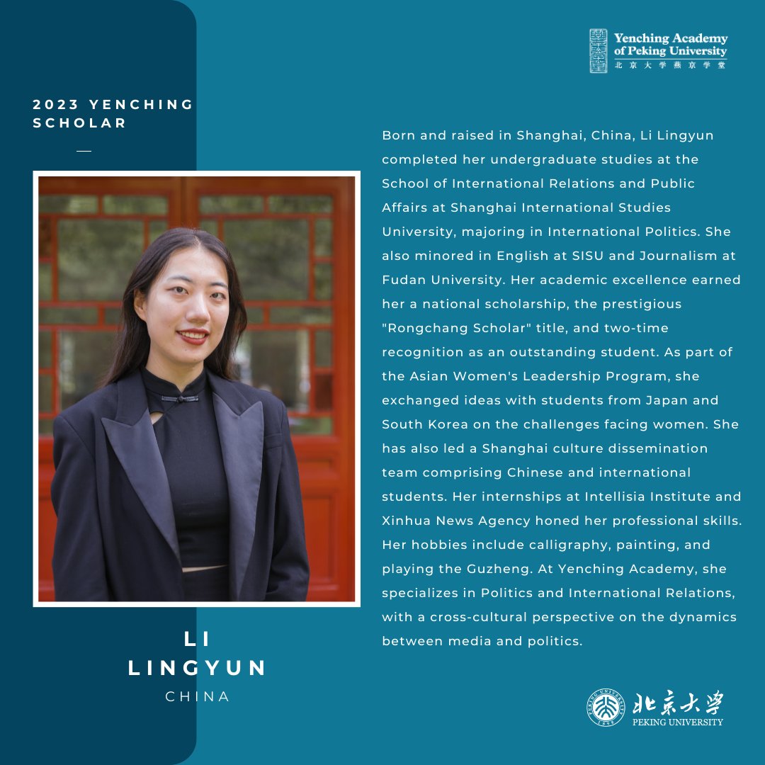 PKUYCA's tweet photo. At Yenching Academy, she specializes in Politics and International Relations, with a cross-cultural perspective on the dynamics between media and politics.
#yenchingscholar #2023cohort #studentprofile #yca #pku #china https://t.co/YXLynLKQx2