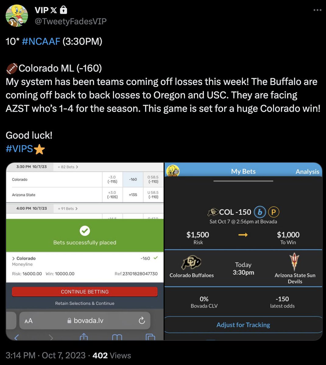TweetyFades's tweet photo. System: Bet on teams coming off losses.

10* Colorado ML✅
10* NC State -6.5✅
3* UCLA -3✅

We don't miss in College Football!  

Congrats!
#VIPS⭐️ https://t.co/XwLPjRQQTb