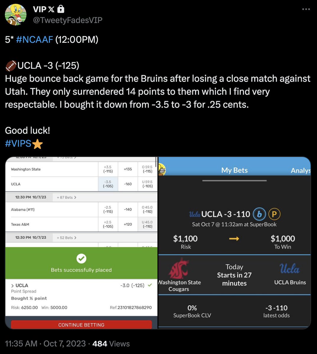 TweetyFades's tweet photo. System: Bet on teams coming off losses.

10* Colorado ML✅
10* NC State -6.5✅
3* UCLA -3✅

We don't miss in College Football!  

Congrats!
#VIPS⭐️ https://t.co/XwLPjRQQTb