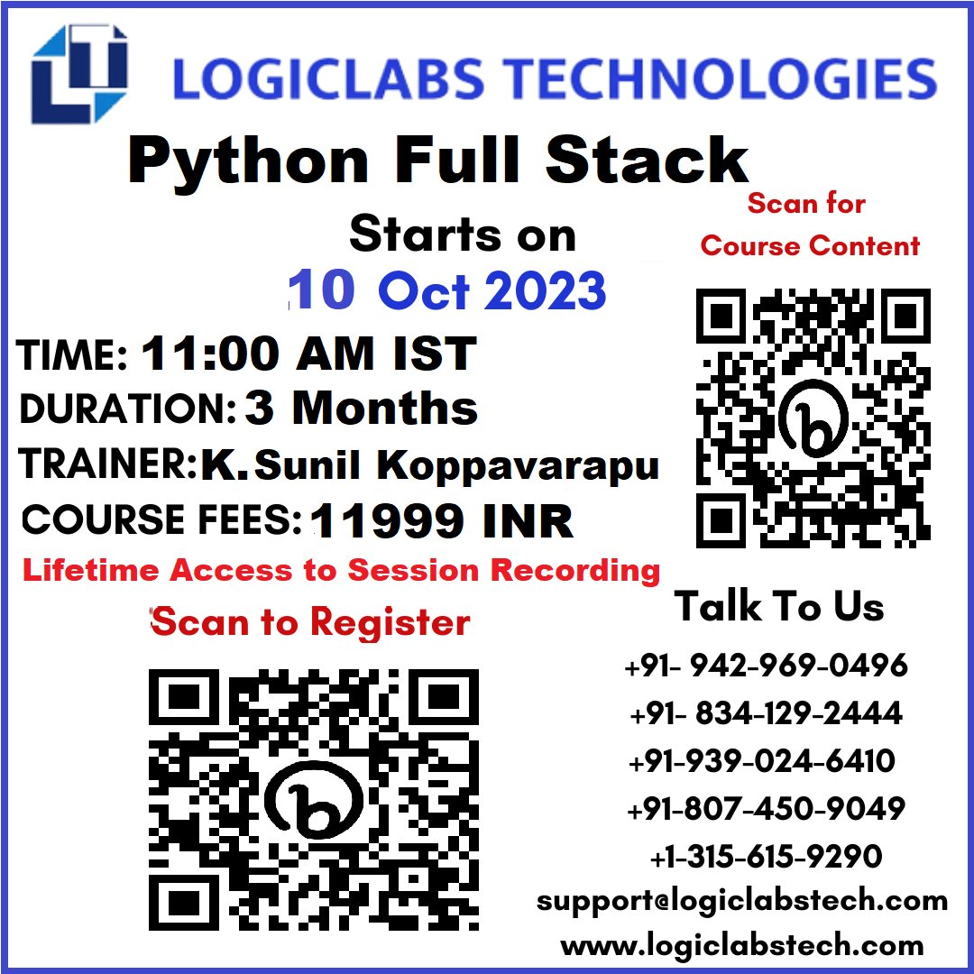 LogicLabsTech's tweet image. WhatsApp Group Link - bitly.ws/W9yy
Zoom Registration Link - bitly.ws/W9yA
Demo On Tuesday, 10 Oct 2023 at 11:00 AM IST,
#pythonfullstack #telangana #andhrapradesh #hyderabad #usa #canada #uk #poland #saudiarabia #qatar #malayasia #singapore #india #bharat