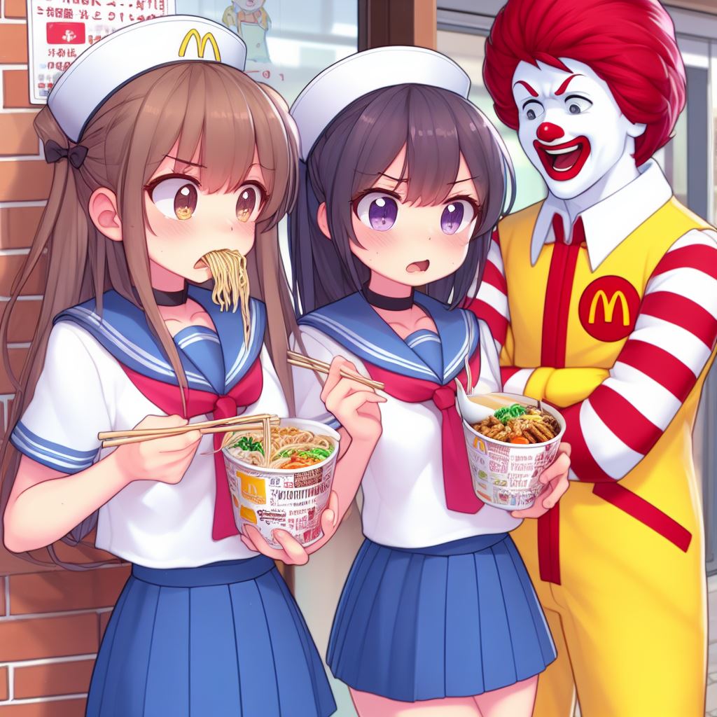 daihukunchu's tweet photo. マクドナルドの前でカップ麺をすすってたらドナルドにブチギレられてしまうJK
#マクドナルド #AIイラスト好きと繋がりたい https://t.co/CuCZDMjVFS