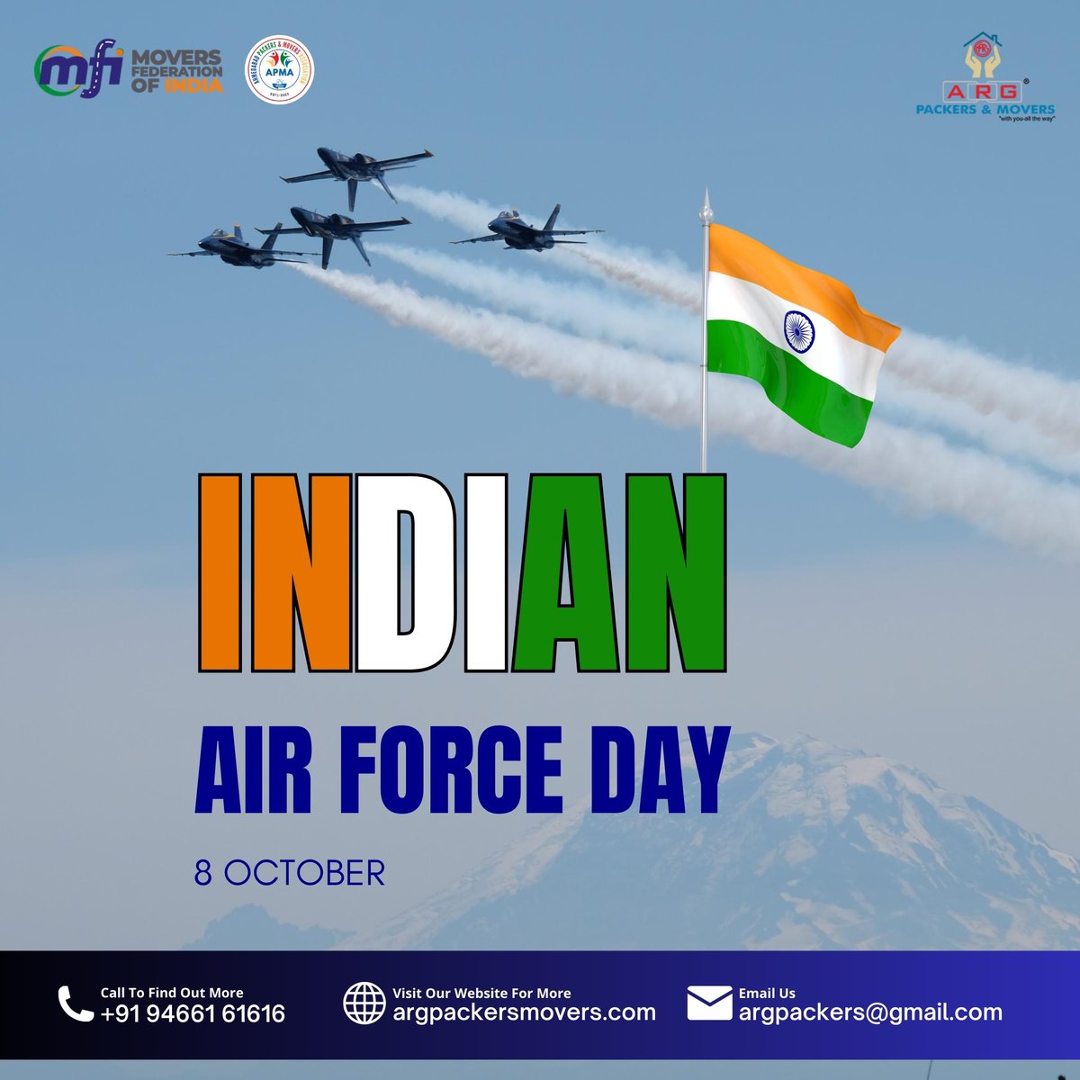 Saluting the Indian Air Force on this special day! Arg Packers and Movers stand with pride and gratitude for their unmatched valor and dedication.✈️

#IndianAirForceDay #SaluteToHeroes #MoveWithAssurance #CarTransport #VehicleRelocation #ARGPackers #SafeMoving #ReliableService