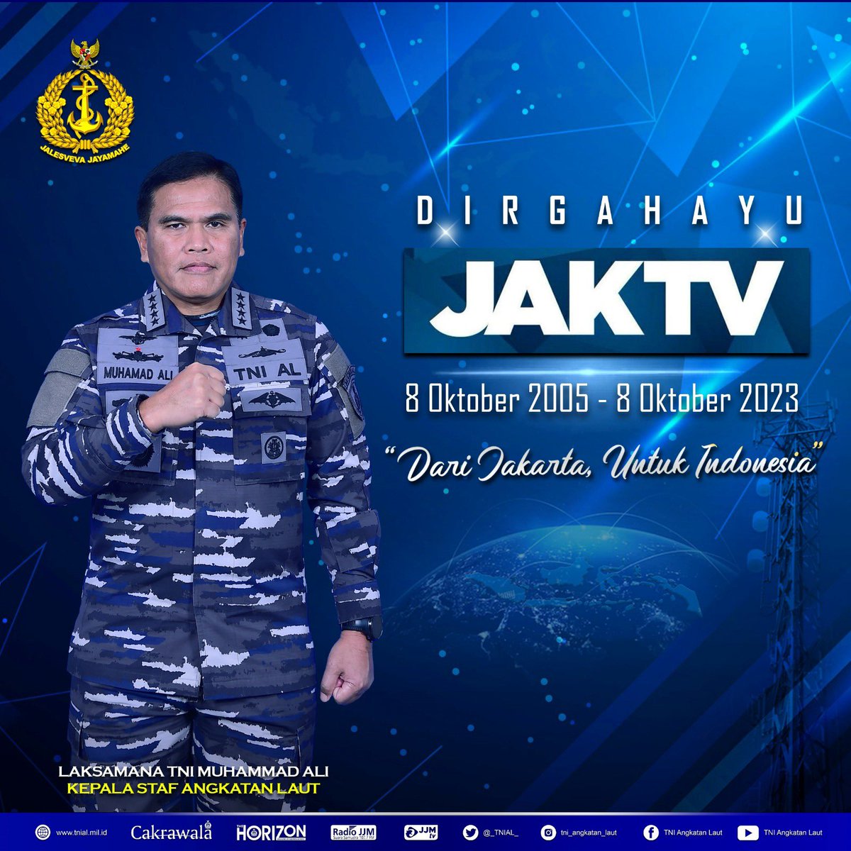 _TNIAL_'s tweet image. Dirgahayu @JaktvCom 
8 Oktober 2005 - 8 Oktober 2023
“Dari Jakarta, Untuk Indonesia”

#jalesvevajayamahe #tnial #indonesiannavy #muhammadali #laksamanamuhammadali