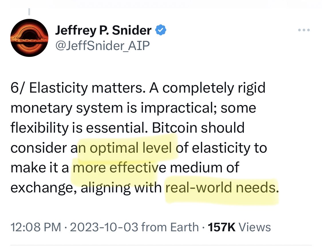 Excellion's tweet photo. Pay attention to the words used here.

Optimal level = subjective
More effective = subjective
Real-world needs = subjective

Bad actors will inevitably want to co-opt #Bitcoin and turn it into something they can control by adding vague subjective requirements. 

We already have that with fiat money and it’s clear that experiment has failed. 

Bitcoin’s value lies in its resistance to subjective determinations and the whims of weak minded individuals.