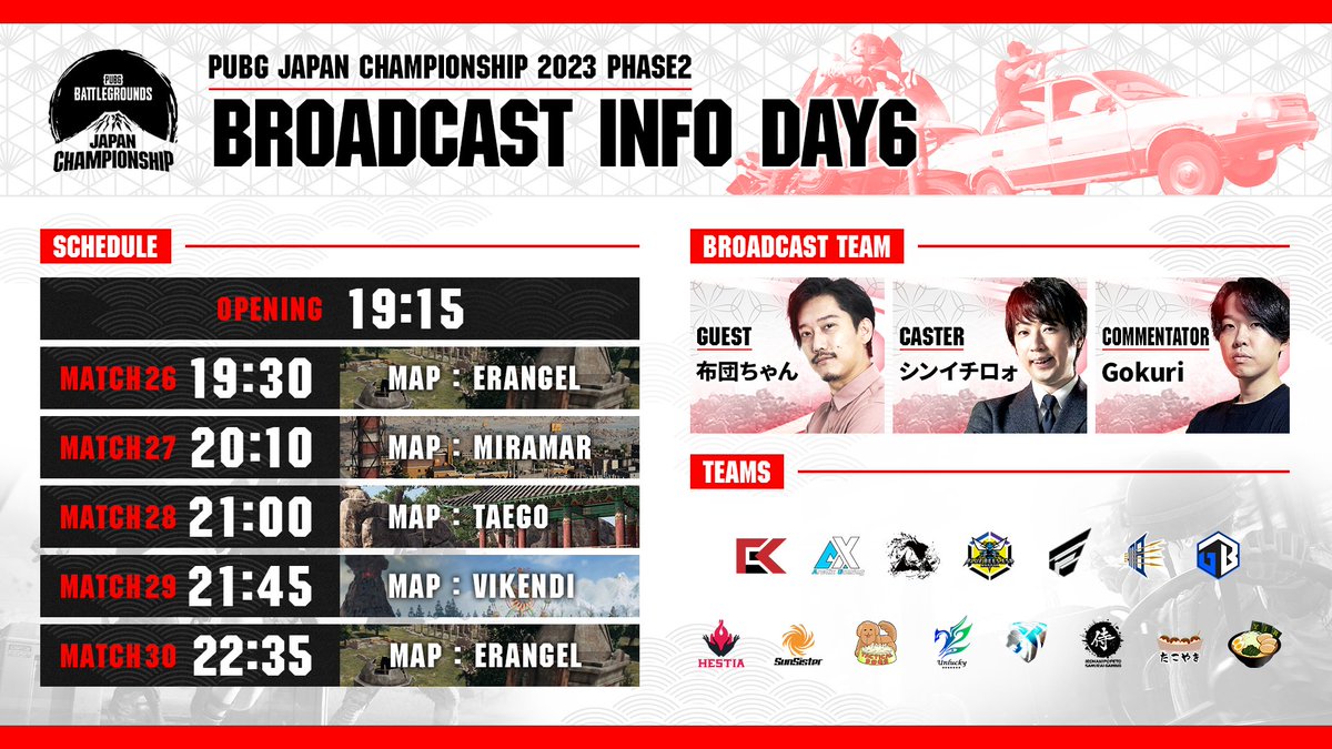 PUBGEsports_JP's tweet photo. 🗻 #PUBG JAPAN CHAMPIONSHIP 2023 Phase2

🗓️WEEK2：10月8日(日)
⏰19時30分試合開始
🗺️Erangel, Miramar, Taego, Vikendi

🎙️ @shinichi_rooo @Gokuri_kuyao
✨ @indegnasen210

🔴https://t.co/pJSPt7MDo3
🟣https://t.co/oMFh0ANvK5

#PUBGEsports #PJC2023 https://t.co/Y7yIi7Qk9O