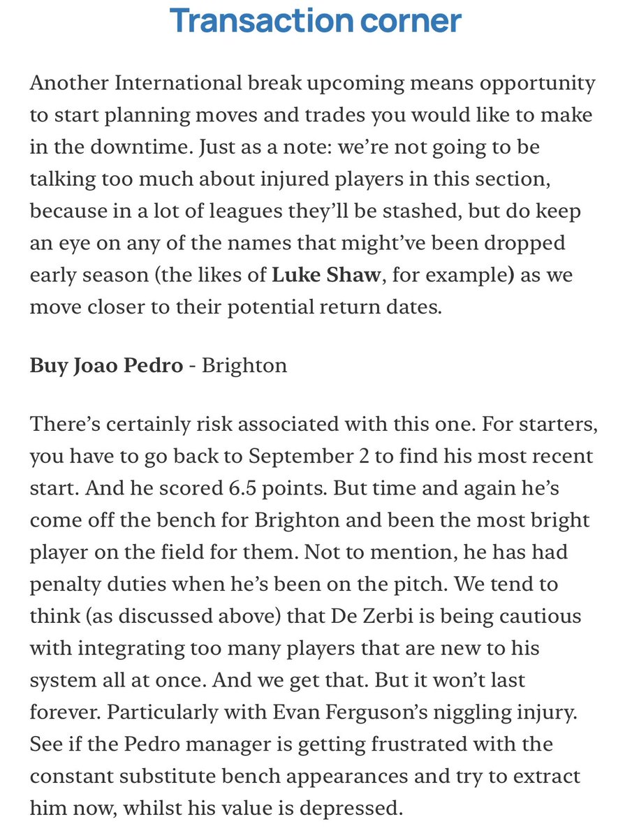 The pattern can’t be ignored.

Week 5s must buy: Ollie Watkins
Week 7 points: 59.5

Week 6s must buy: Raheem Sterling 
Week 8 points: 32

Week 7s must buy: Joao Pedro
Week 9 points: ❓

Get our Fantrax roundup every Monday when you subscribe. Link in bio. 

#fantraxepl #draftpl