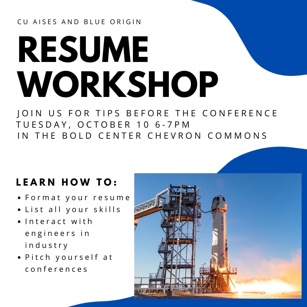 CUBoulderAises's tweet photo. Join us for our meeting on Tuesday with Blue Origin! We will have Indigenous engineers join us for a resume workshop and interview tips before our conference. https://t.co/CbajaN3h5D