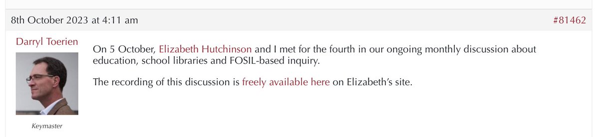 TheFosilGroup's tweet photo. Update to *Discussing Education, #SchoolLibraries and #FOSILinquiry with @Elizabethutch* <https://t.co/bW3pJIsJMj>. The more we talk, the more we have to talk about. Thanks for uploading this, Elizabeth - looking forward to next month. https://t.co/K0Ffwr6U3o