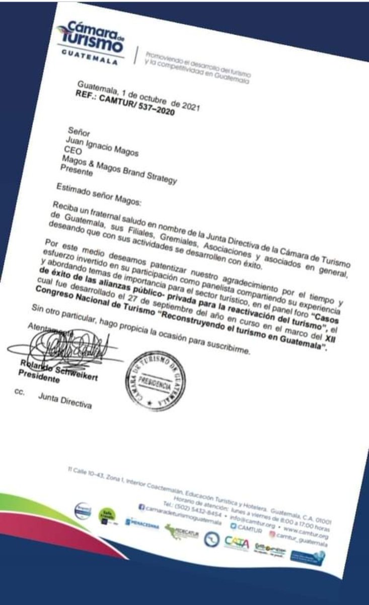 nachitomagos's tweet photo. Esta carta de agradecimiento que me hizo el Presidente de @CAMTUR1 en #Guatemala donde fui invitado a participar y a representar a #México como titular de turismo en un panel internacional,  compartiendo con ministros de turismo de otros países. https://t.co/nBRPzE4a5v