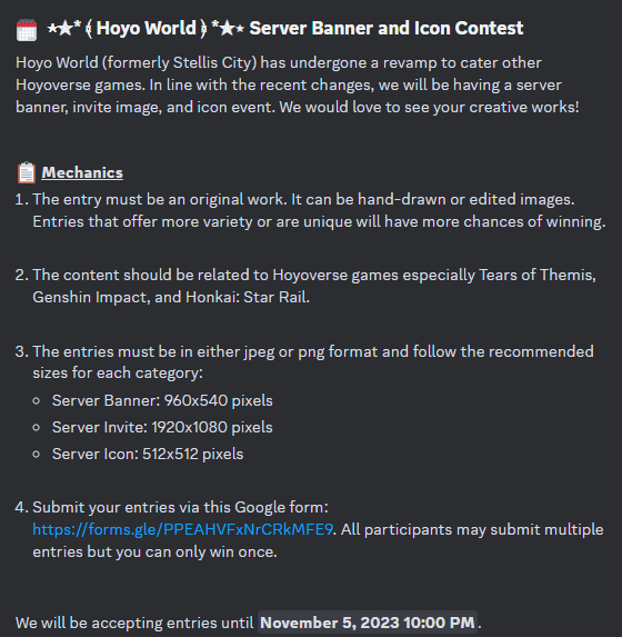 leeyuunmi's tweet photo. We are having a server banner event in HoyoWorld Discord server! Join now and get a chance to win acrylic standee~
Join 👉https://t.co/v66VNiaK0r
Addtl event: 𝐫𝐞𝐩𝐨𝐬𝐭 this post and get a chance to win monthly passes (GI/HSR)
20 - 1 winner
40 - 2 winners 
60 - 3 winners https://t.co/0PNj8kg3pd