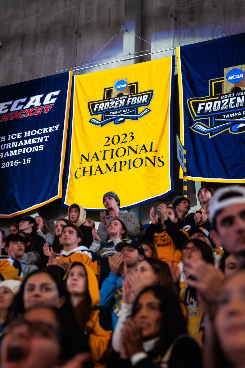 peytonmck's tweet photo. Quinnipiac University raised @QU_MIH’s national championship banner prior to their season opener against @BC_MHockey today.

📸 for @QUChronicle | @QUChronSports https://t.co/uWcLDEgabL