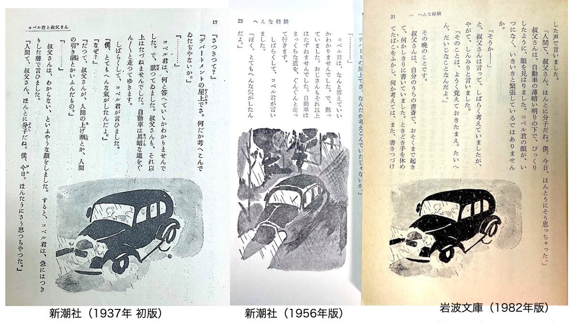 宮崎駿監督が手元にお持ちだったのは1956年版。山本パートが削られ、章名・仮名遣と一部内容を改訂、吉野自身によって「まえがき」が記され、脇田和の挿絵も全て差替。監督はこの版の挿絵が気に入っていたようですが、映画は初版なので使用されず。岩波文庫版は挿絵のみ初版に戻され、まえがきは削除。