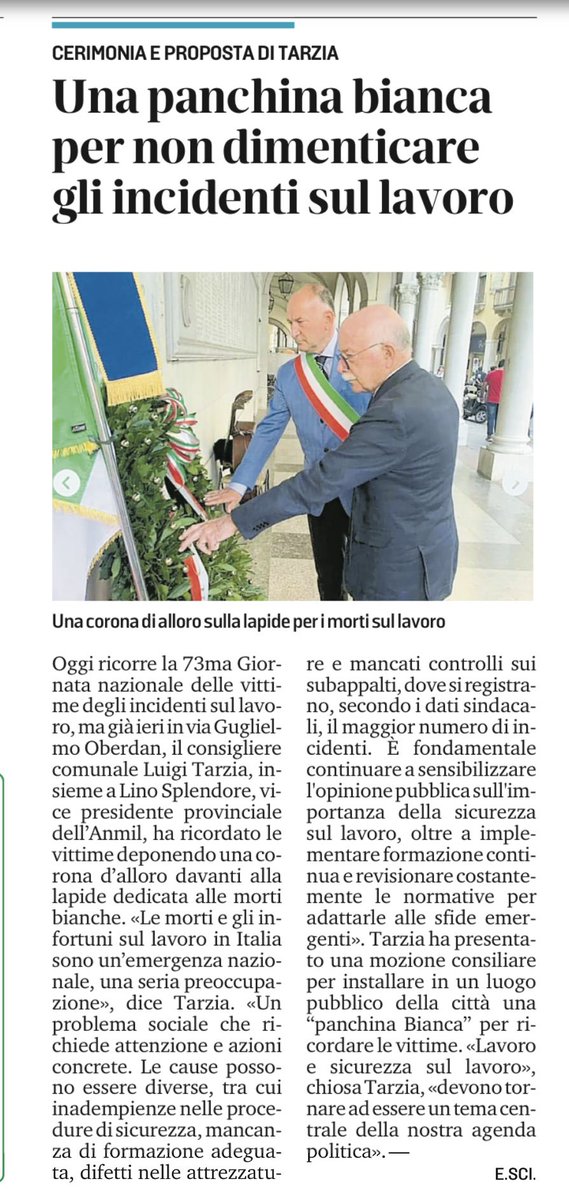 Luigi_Tarzia's tweet photo. Oggi, #11ottobre si celebra la 73a Giornata Nazionale per le #vittime degli incidenti sul #lavoro. Il @mattinodipadova  evidenzia la mia proposta di installare in un luogo pubblico a #Padova una “Panchina Bianca” x ricordare,sensibilizzare e impegnarsi sulla #sicurezzadellavoro https://t.co/Ma1bvSmSEP