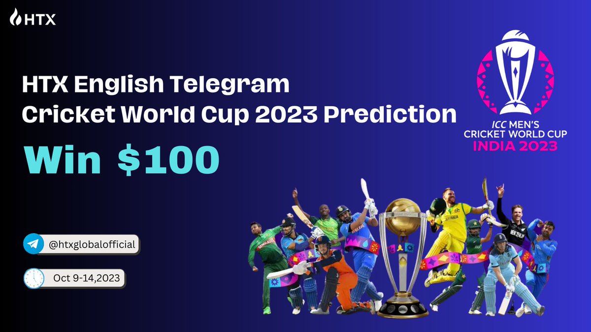#CricketWorldCup Prediction
$100 #Giveaway 

✅ Follow <a href="/HTXCommunity/">HTX Community</a> <a href="/HTX_Global/">HTX</a>
🔁 RT + 🩷 +tag 2
🌟 Join t.me/htxglobaloffic… 

Admins will post the prediction form before the game, stay tuned! 

#CWC23 #CricketWorldCup2023