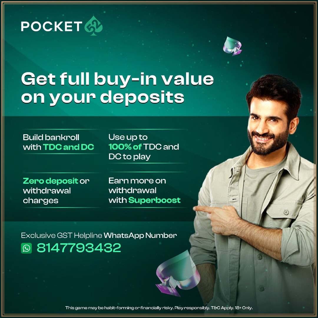 Save up to 28% on your deposits! 🤑
To know more about GST  changes on Pocket52, WhatsApp us on 📲 8147793432

#Pocket52 #Poker #NewGSTPolicy #GST