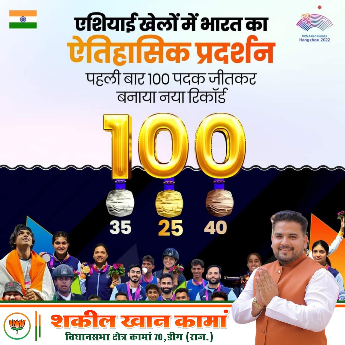 Shakeelkhanbsp's tweet photo. एशियाई खेलों में भारत का ऐतिहासिक प्रदर्शन पहली बार 100 पदक जीतकर बनाया रिकॉर्ड!

#BharatAtAG22 #cheer4india #IssBaar100Paar
#BJP4Rajasthan #JaiJaiRajasthan #कामांविकास #राजस्थान_विजय_संकल्प_2023 #shakeelkhankaman 

@VasundharaBJP
@cpjoshiBJP
@ArunSinghbjp
@BJP4Rajasthan https://t.co/doKVWQD7Qt