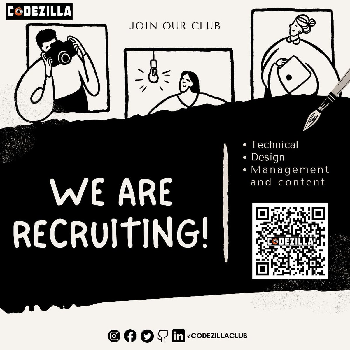 CodezillaClub's tweet image. Hola Folks!!
We're thrilled to announce that the Codezilla club is opening its doors for recruitment❤
🌐Domains you can apply for:
🔹Technical
📝Content
🎨Design
💼Management
Join our dynamic team and let your skills soar. 🚀
To apply, click here: forms.gle/HRaBapG6RPokzd…