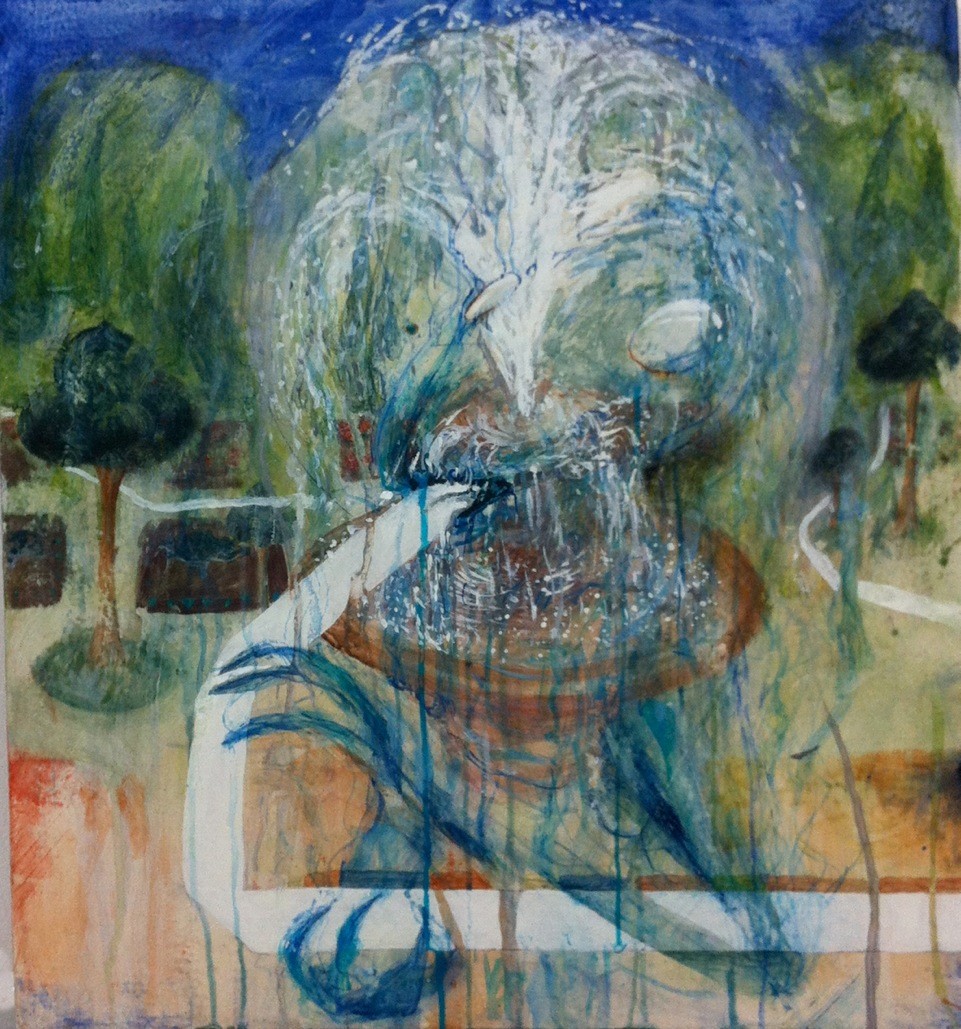 vexcavator's tweet photo. A Being In A Garden With Fountain is a painting by Brian Catling executed in egg tempera. The lucky draw prize at #TheVorrh’s book launch at Pitt Rivers Museum, it references Thaddeus Mutter's meeting in the warehouse garden with the tic tic tic ticker taper in #TheErstwhile https://t.co/pb5UAsRLxf