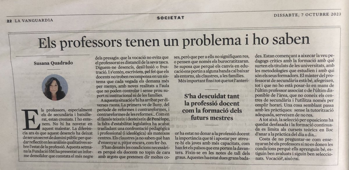 GemmaSecundaria's tweet photo. L'informe demolidor de la fundació SM ha constatat aquesta setmana que els professors, especialment els de secundària, estan cremats. No troben recompensa en un sistema que cada vegada els demana més per menys, i no s'ha donat a la seva professió la importància que té https://t.co/clMbSC6Smz