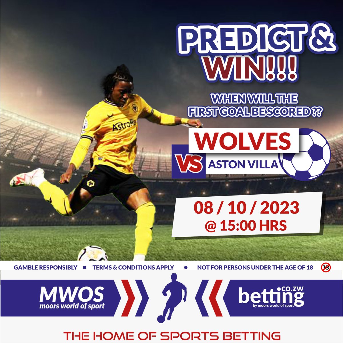 Will Tawanda Chirewa🇿🇼 be included in <a href="/Wolves/">Wolves</a> starting XI? 

Predict in which minute the FIRST GOAL will be scored.

🔟 Winners will get USD$5️⃣ #FreeBet each!
Make sure to follow MWOS page, like this post &amp; retweet it. You have to do ALL 3⃣
Ts &amp; Cs apply
#TheHomeOfSportsBetting