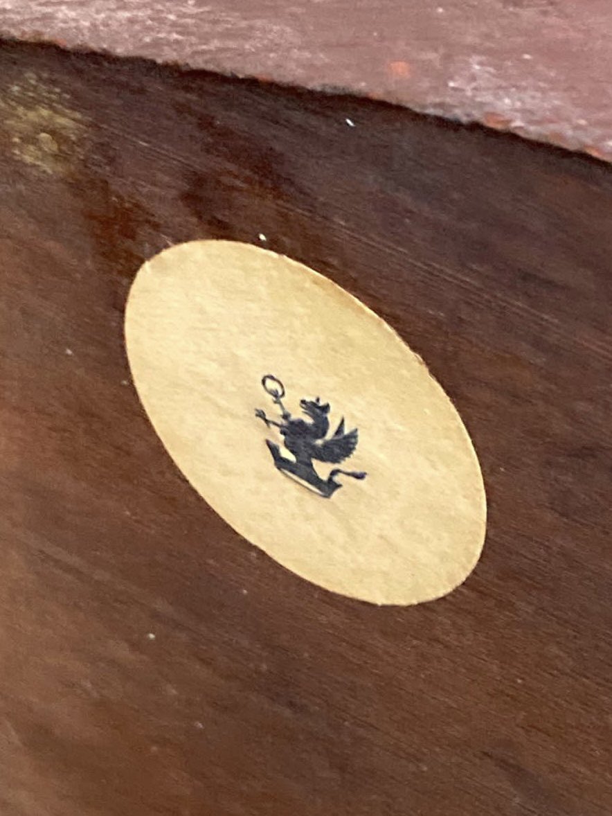 Good morning, we purchase a 19th century Dutch Marquetry card table and never seen this mark before, does anyone have any ideas its on paper? 
Thank You 

#antique #dutchmarquetry #19thcentury #antiquefurniture