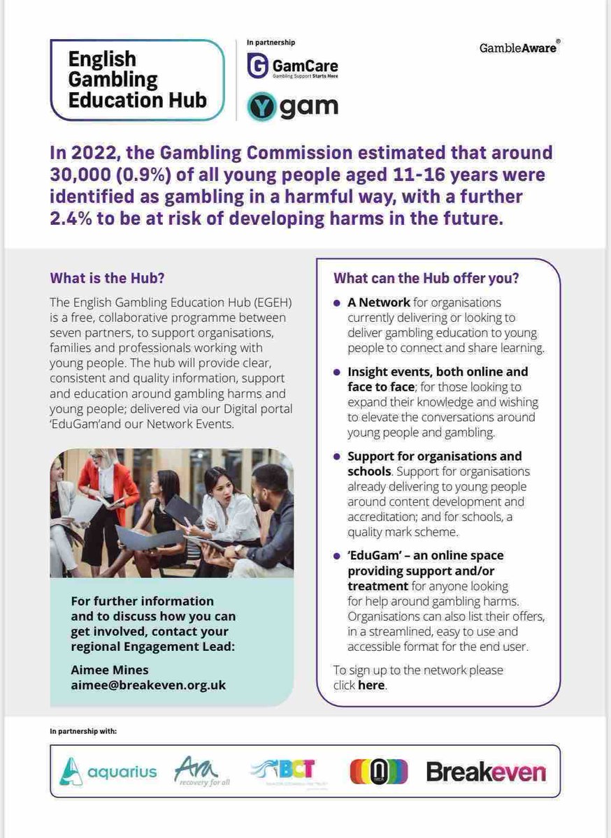 Breakeven (@breakevengc) on Twitter photo We’re proud to have joined up with GamCare as part of the English Gambling Education Hub.
Aimee Mines is our EGEH Lead in East of England and Sussex, Kent and Medway and for more information contact aimee@breakeven.org.uk We’re proud to have joined up with GamCare as part of the English Gambling Education Hub.
Aimee Mines is our EGEH Lead in East of England and Sussex, Kent and Medway and for more information contact aimee@breakeven.org.uk