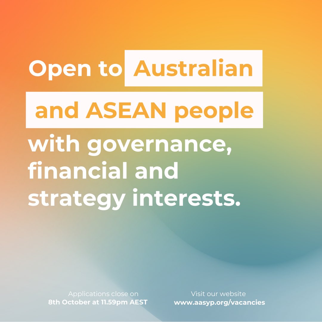 🚀Join AASYP’s Board of Directors as a Non-Executive Director! 🌏 Apply today via bit.ly/453KDuX or through our website, and be a part of our exciting journey!🌟 #AASYP #AASYPRecruitment #ASEANAustralia #YouthRecruitment #YouthOpportunity #InternationalVolunteer