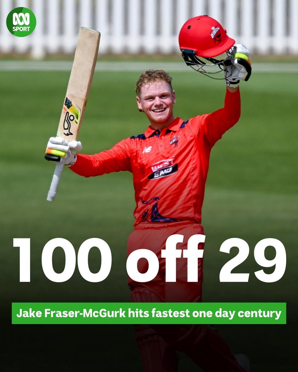 abcsport's tweet photo. A batting masterclass at Karen Rolton Oval! 😱
Jake Fraser-McGurk has just scored the fastest EVER List A century, with 100 off 29 balls. Incredible figures. #TASvSA https://t.co/Rs2cJRoQLx