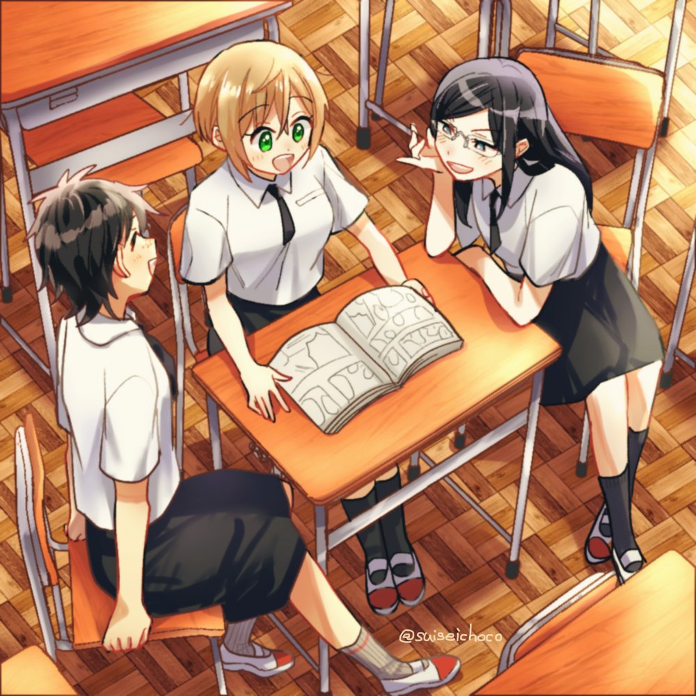 multiple girls desk school desk black hair 2girls school uniform glasses  illustration images