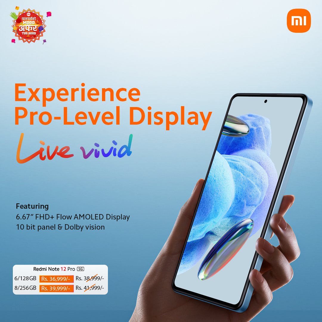 XiaomiNepal's tweet photo. Get a Pro-Level Display like never before with a 10-bit panel in 𝐑𝐞𝐝𝐦𝐢 𝐍𝐨𝐭𝐞 𝟏𝟐 𝐏𝐫𝐨 𝟓𝐆.
#LiveVivid #RedmiNote12Pro5G https://t.co/fWUGp7k3Yr