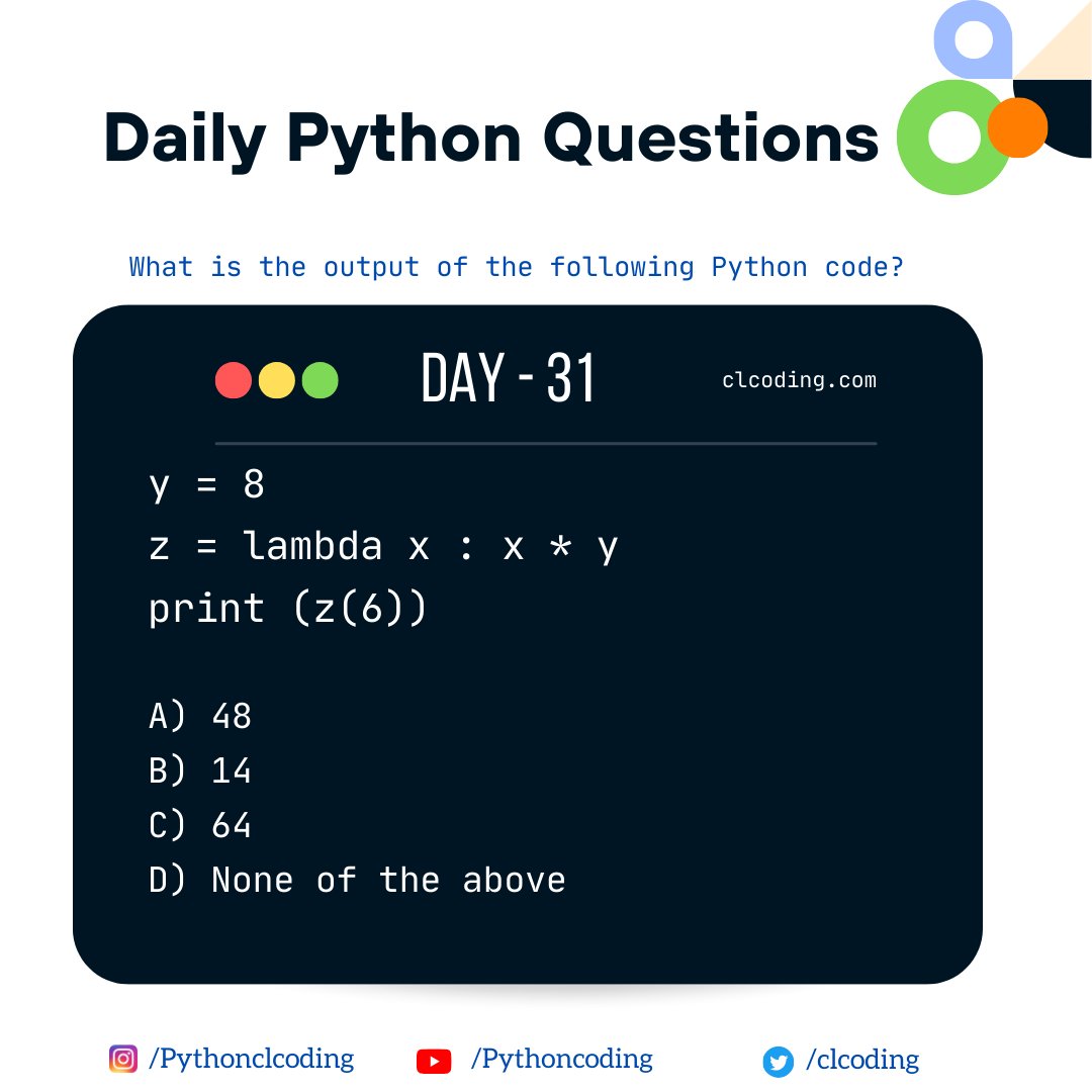 clcoding's tweet image. Python Coding challenge - Day 31 | What is the output of the following Python code? 

Solution - clcoding.com/2023/10/python…