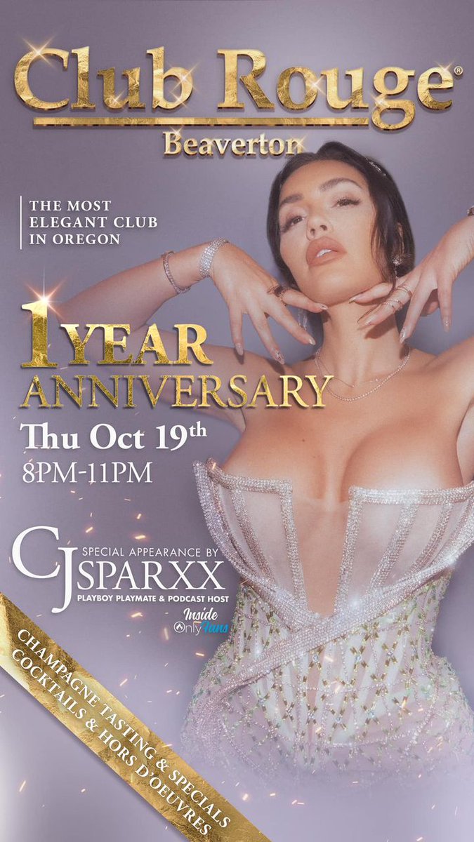 RougeBeaverton's tweet photo. Celebrate our 1 year Anniversary with us October 19th! 🥂 Special appearance by Playboy Playmate &amp; Podcast Host CJ Sparxx! ✨

#clubrougebeaverton #beavertonoregon #playboyplaymate #cjsparxx #anniversary #elegance #bottleservice #simplythebest https://t.co/NRbtw6FNeT