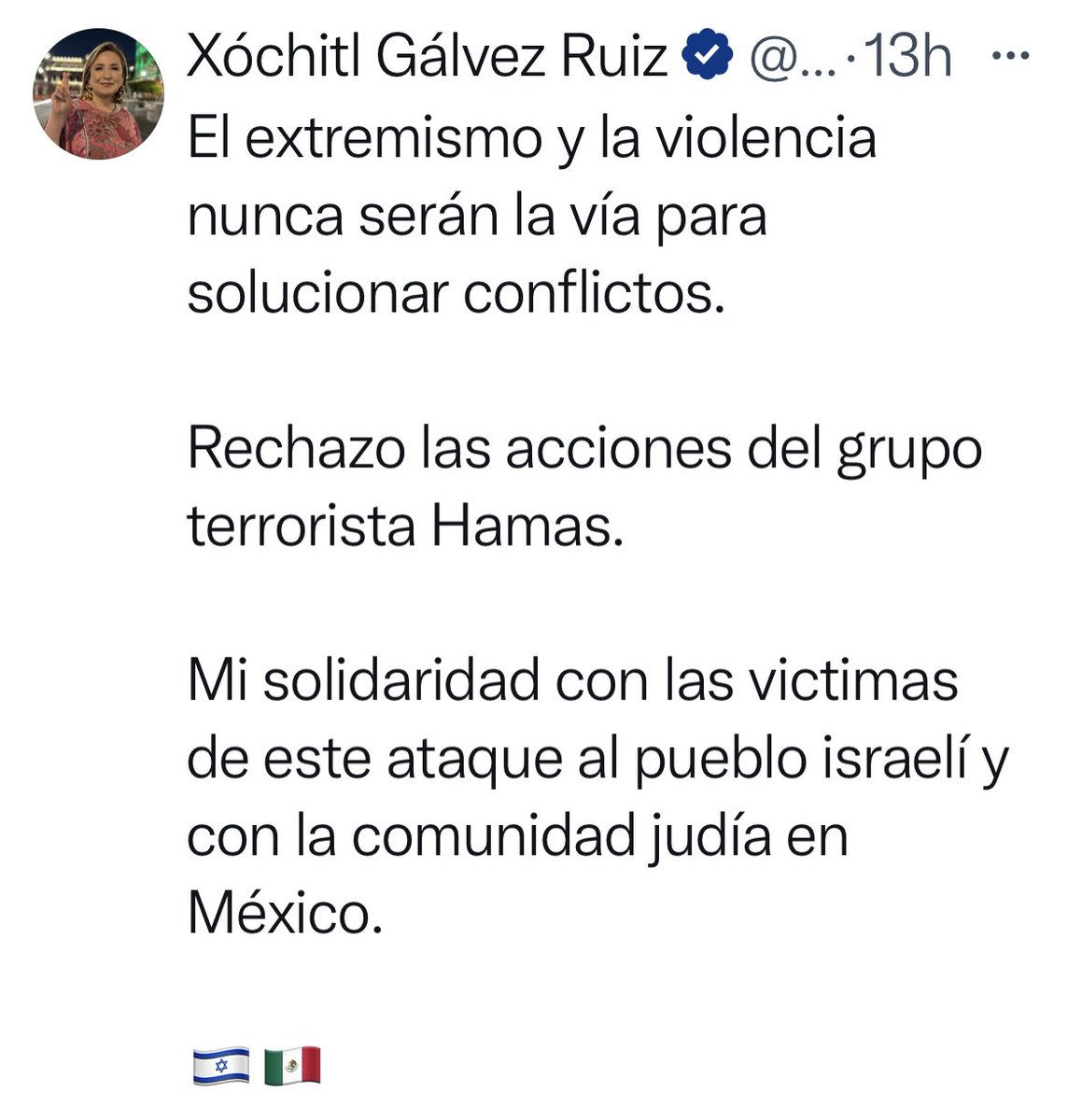 V_TrujilloM's tweet photo. Siendo las 22:58 del 7/10/23 se consigna y se registra que de las dos potenciales candidatas a la presidencia de México, sólo una ha publicado su posicionamiento sobre los ataques de la organización terrorista Hamas al pueblo de Israel. https://t.co/rTCj31YVPW