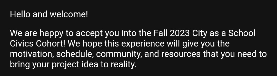 nitinya9av's tweet photo. Thank You!! 😊 City as a School for accepting me for Fall 2023 Civics Cohort. https://t.co/DtYhVvS5er