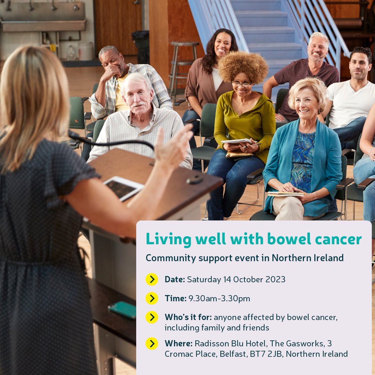 📢 Registrations close tonight!

Come to our support event in #Belfast, Northern Ireland. Throughout the day, we’ll be talking about:
☑️ the effects of treatment
☑️ emotional wellbeing
☑️ living well with a stoma
☑️ eating well
☑️ keeping active

Join👇
bowelcanceruk.org.uk/how-we-can-hel…