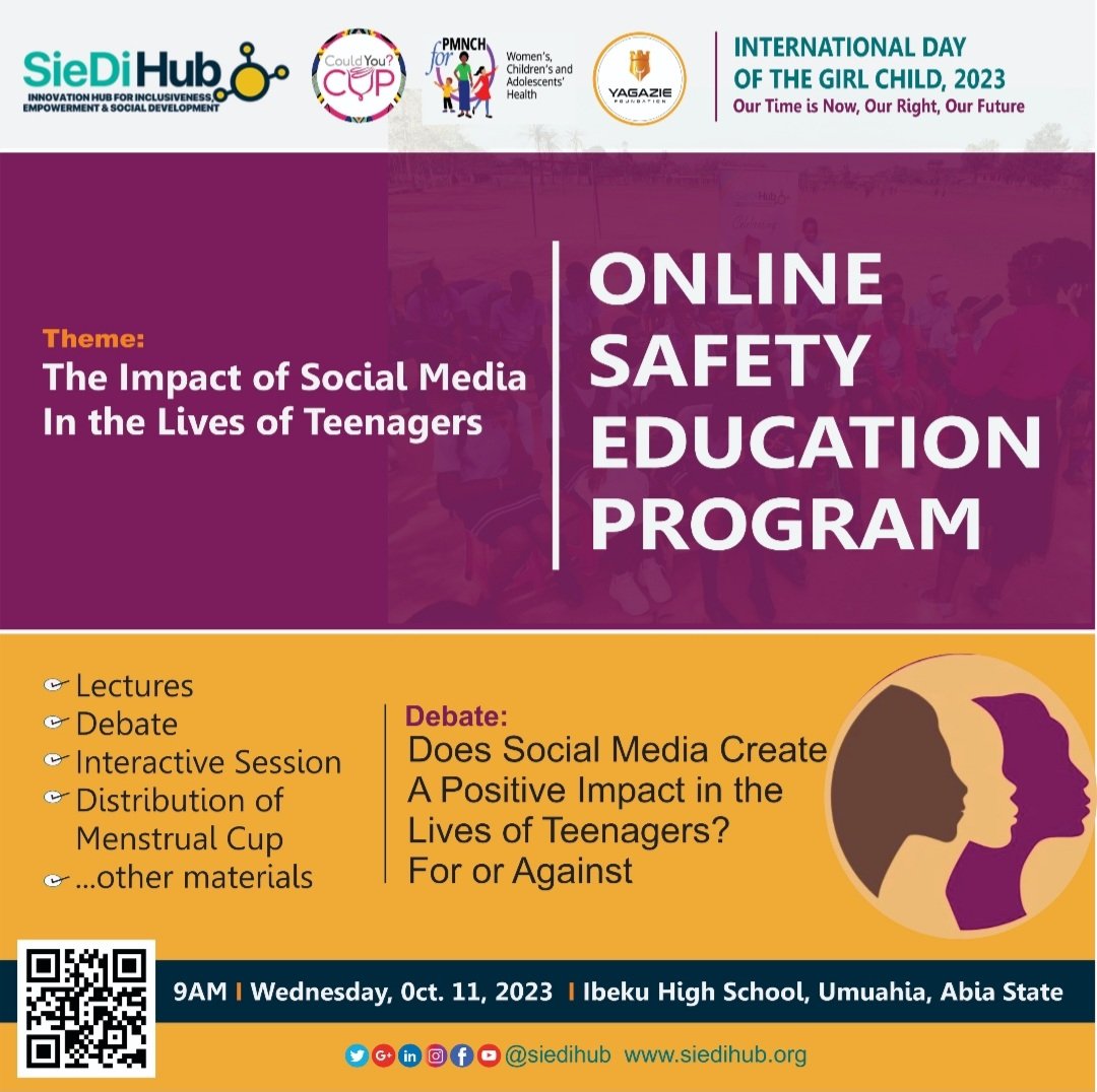 To celebrate the 2023 #InternationalDayOfTheGirlChild, @siedihub is partnering with @yagaziecharity, @CouldyouCup ? and @PMNCH to organize a one-day training for #teenagers and #youngpeople in #secondaryschools in #umuahia, #AbiaState.

#InternationalDayoftheGirlChild2023