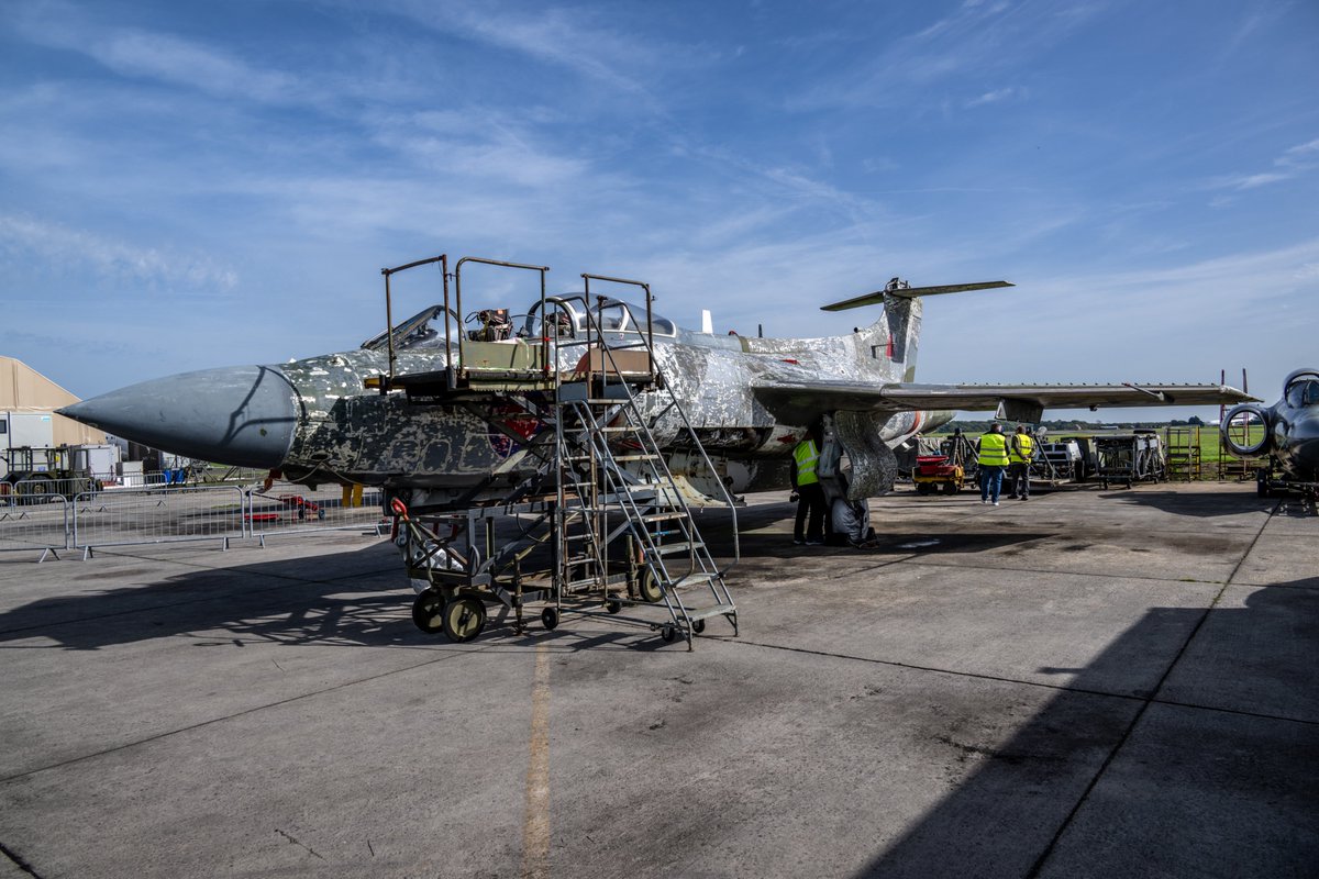 OldDegsy's tweet photo. #Buccaneer "Buddies" day at @CotswoldAirport (formerly RAF Kemble) yesterday with @buccaneer_group as #XX894 undergoes a maintenance anti-det run and #XW544 is stripped back ready for new paintwork #ColdWarJets https://t.co/X5rczeKCqc