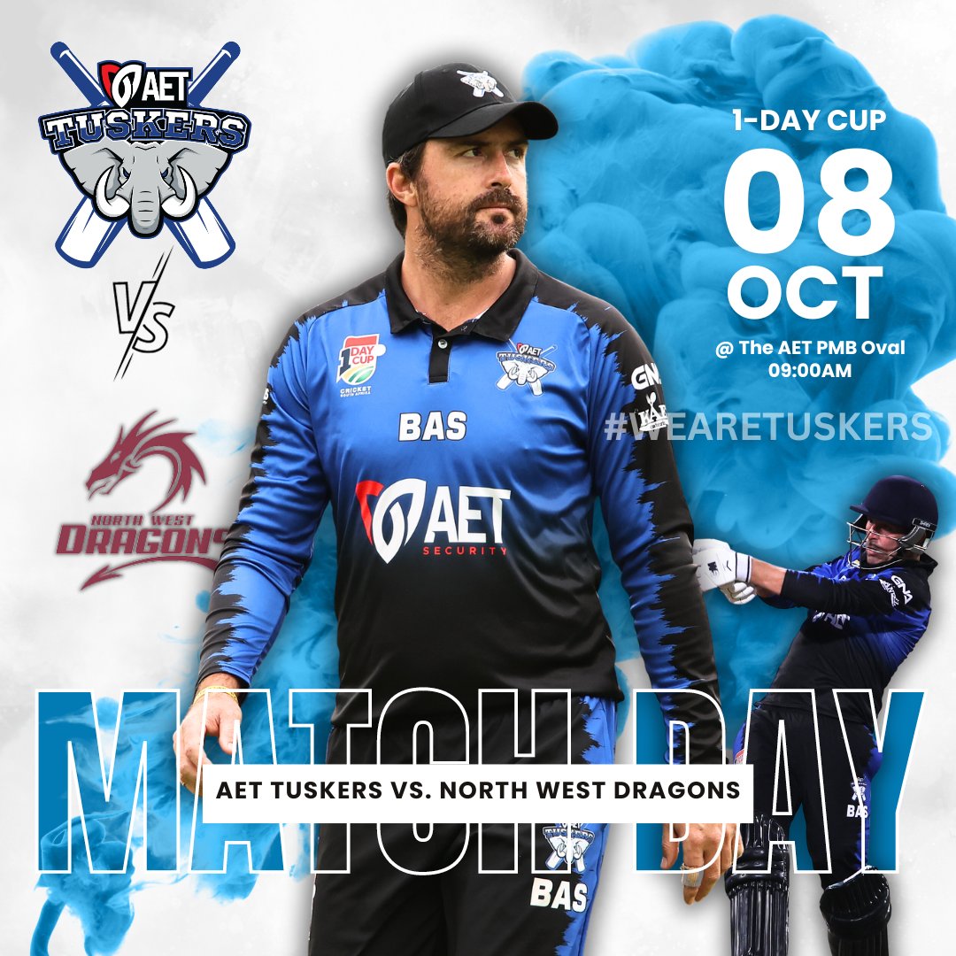 Game 3 | We go up against North West Dragons today! 🏏
. . .
Come down to the AET PMB Oval and show your support! 🐘
. . .
#WeAreTuskers #DivisionOne #CSAOneDayCompetition #AETTuskers