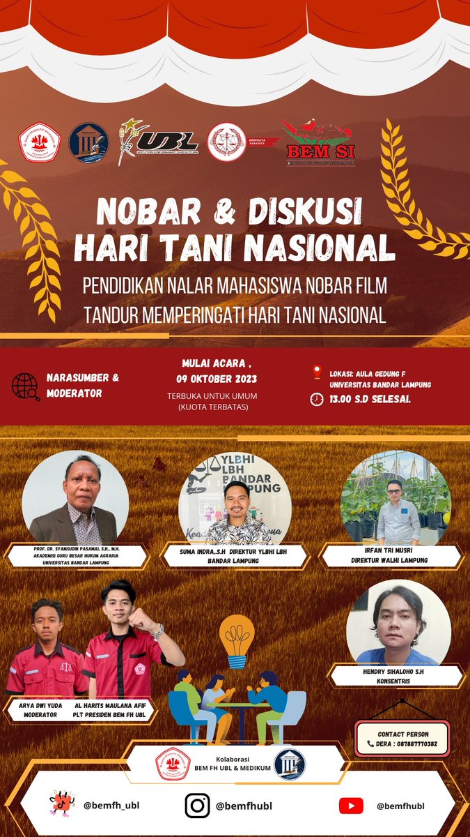 BEM Fakultas Hukum Universitas Bandar Lampung akan menggelar nobar dan mendiskusikan film 'Tandur', besok siang. Sila datang dan mari bertukar pikiran.

#HariTaniNasional
#Tandur
#LingkarSetanPetani
#PetaniTakBerdaya
#DesainUlangKebijakanPetani