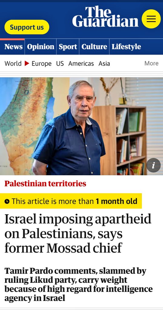 Israël doit mettre fin à l'apartheid pour donner une chance à la paix.
Tamir Pardo, ancien chef du *Mossad, a estimé qu'Israël impose un régime d'apartheid aux Palestiniens.
#Palestine 
(*Service de renseignement israélien)