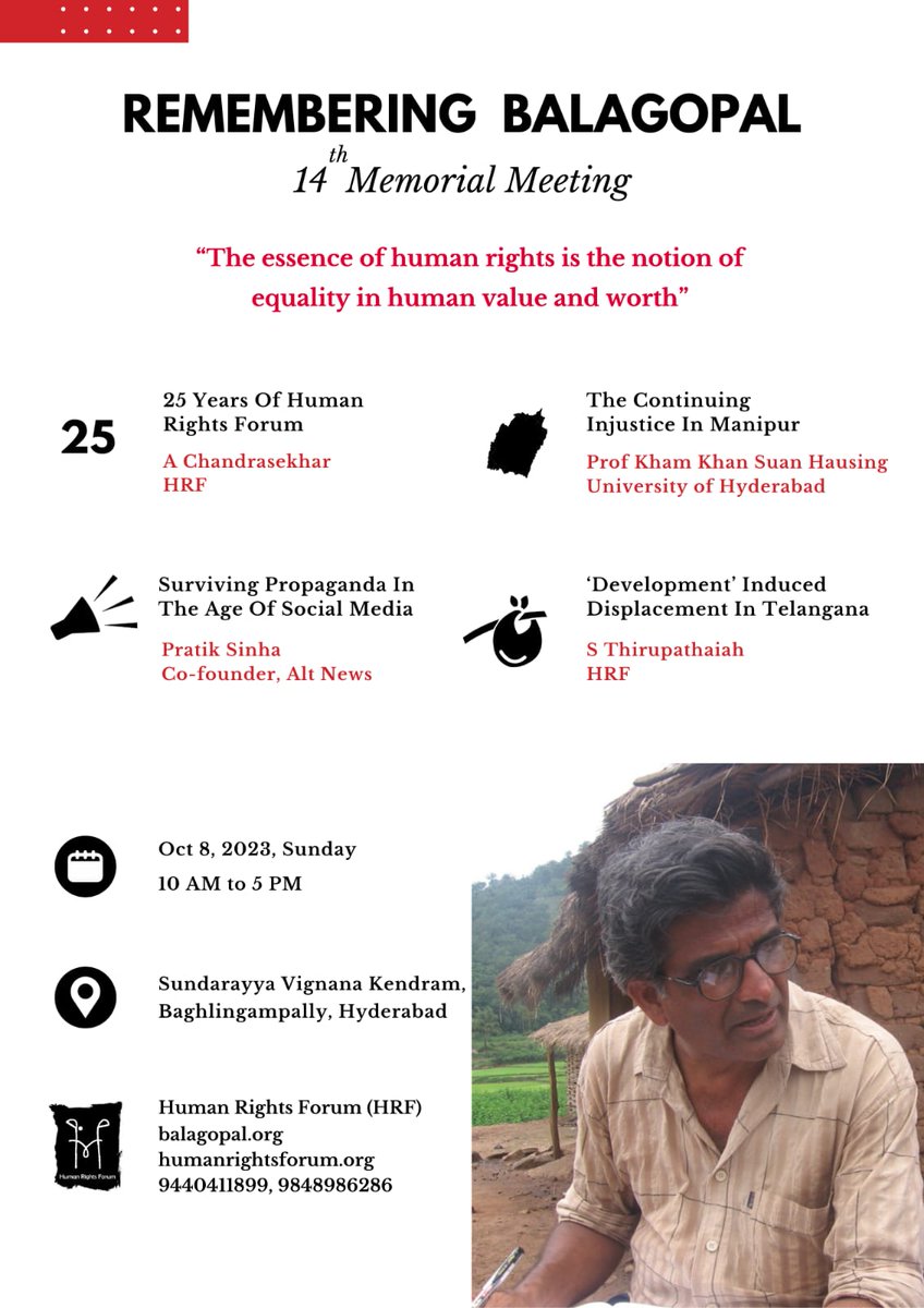 nanoharsha's tweet photo. Remembering Balagopal as Human Rights Forum(@HRF_Humanrights) celebrate 25 Years happening now in SVK, #Hyderabad.
@free_thinker @kksuanh and HRF Senior Activists would share about how we can Save Democracy and Resisting Tyranny.
#Balagopal #HumanRights https://t.co/AuembhxUEZ